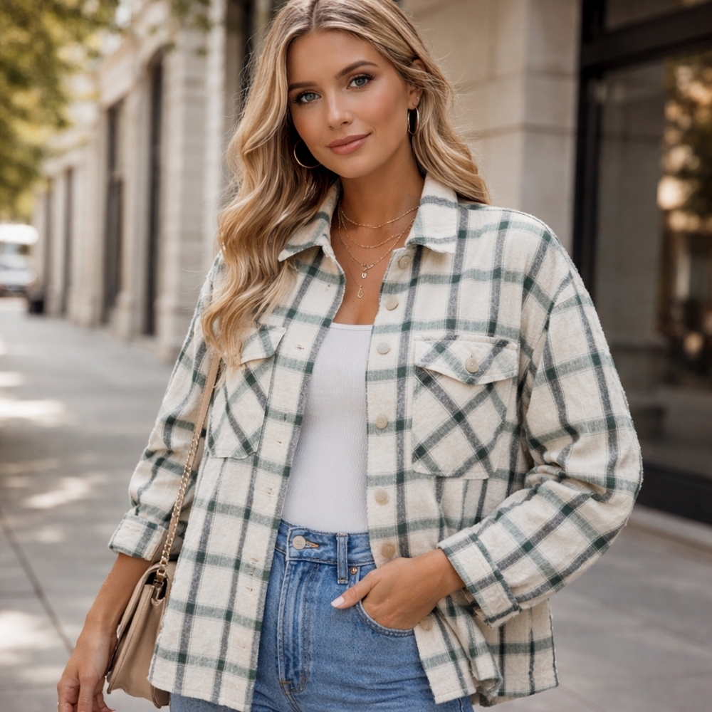 Zara Cotton Blend Green & Cream Plaid Jacket Oversized Utility Shacket Casual